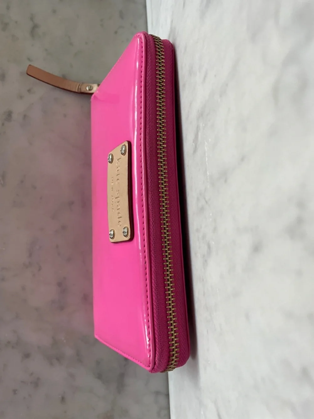 KATE SPADE Spencer Hot Pink Patent Zip-Around Wallet Newspaper Print Lining